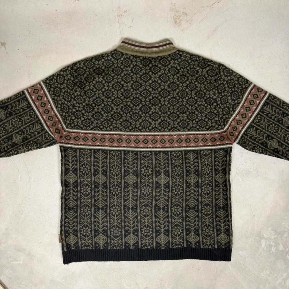 Obermeyer Mens Wool Quarter Zip‎ Sweater Nordic Fair Isle Green Black L 46201